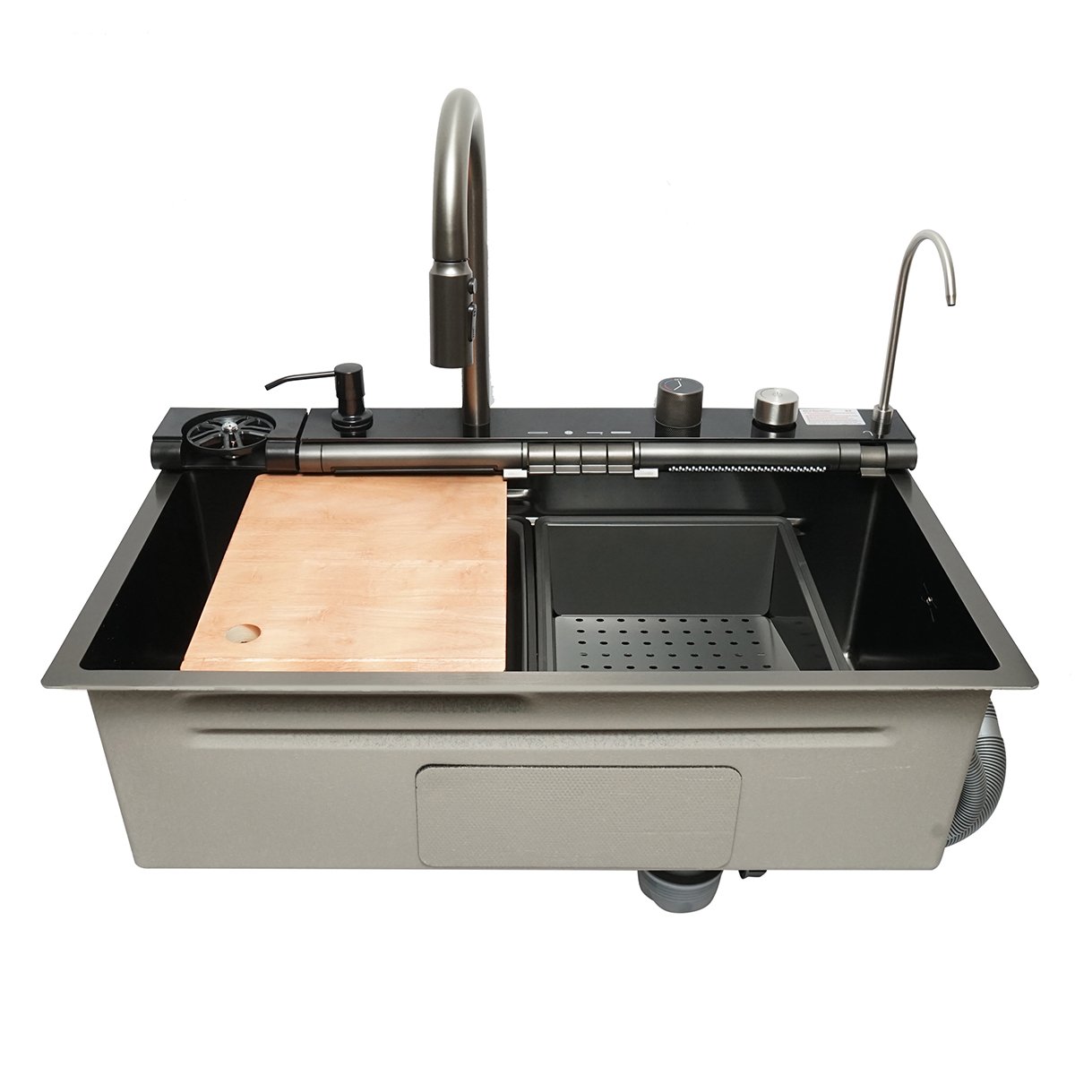 Chiuveta bucatarie multifunctionala cu doua baterii, otel inoxidabil cu afisaj digital temperatura, doua cascade, spalator pahare, scurgator, tava, tocator si accesorii incluse, dimensiune 75x46x22cm